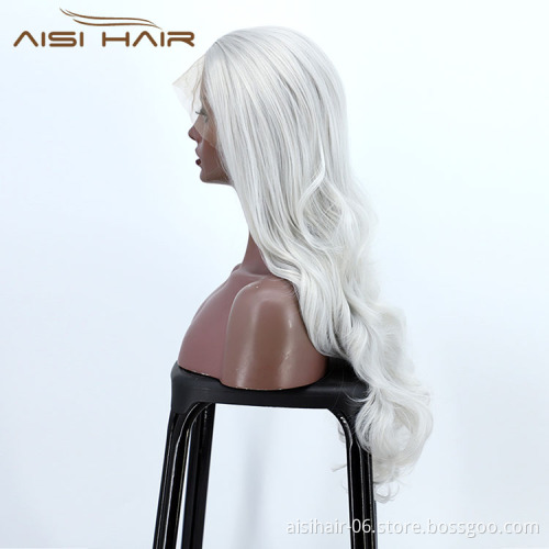 Aisi Hair Cheap Cosplay Popular Long Wavy Curly Body Wave Grey Swiss Lace Synthetic Hair For Black Women Lace Front Wig